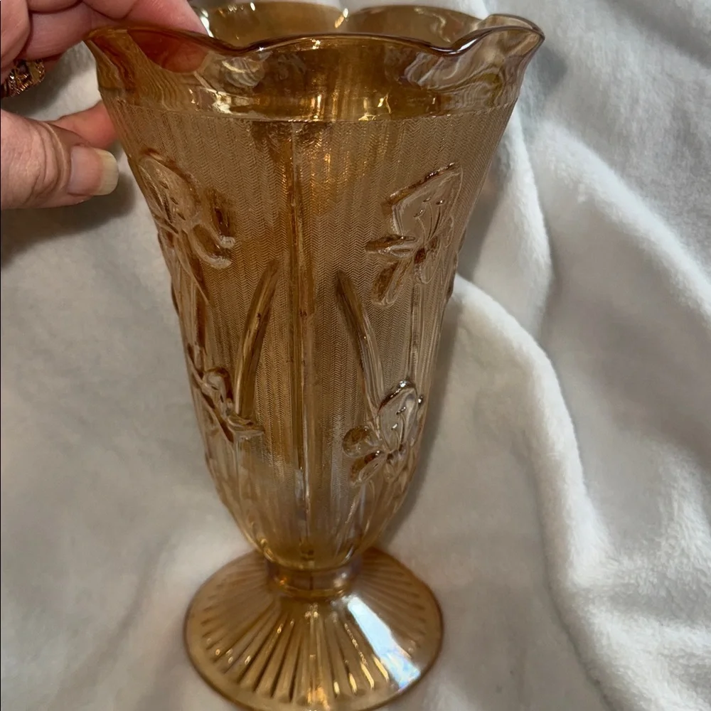 Vintage Jeannette Marigold Carnival Glass Footed Vase Iris & Herringbone 9
